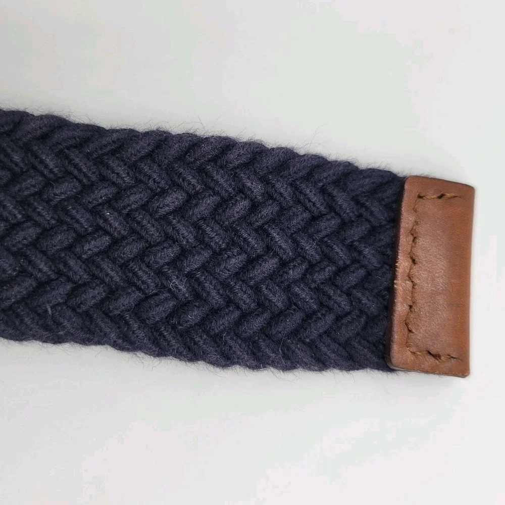 Lands'‎ End Woven Stretch Belt XL Navy Solid Brass Leather Trim Classic
